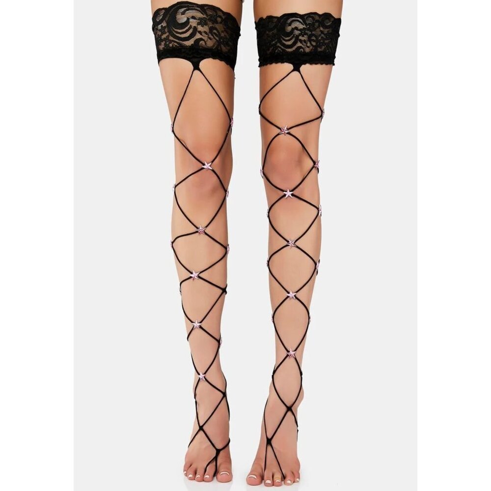 Black Lace ✦ Fishnet Thigh High Tights ✦ Pink Star Rhinestones Festival OS NWT